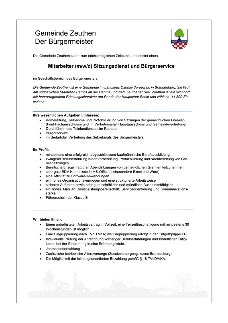 Mitarbeiter für Sitzungsdienst und Bürgerservice gesucht, Zeuthen